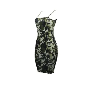 Detail view of camouflage bodycon mini dress with slim spaghetti straps and sexy fit