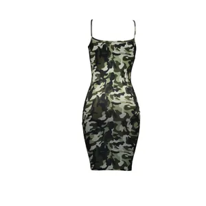 Detail showing the camouflage print texture of the slim fit bodycon camisole dress