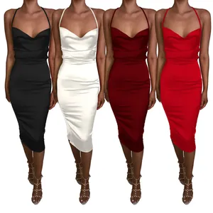 Silky satin bodycon midi dresses in black, white, burgundy, and red colors