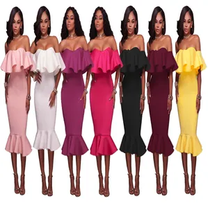 Multi-color off-the-shoulder ruffle midi dresses with an elegant slim-fit fishtail silhouette