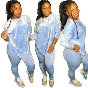 Professional model showcasing a light blue velvet two-piece long sleeve lounge set
