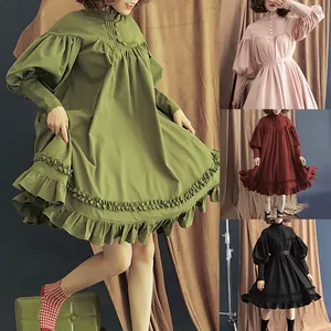 Women Japanese Lolita Maid Dress Cotton Long Sleeve Lantern Sleeve Ruffle Lace Button Decor Retro Loose Cosplay Dress