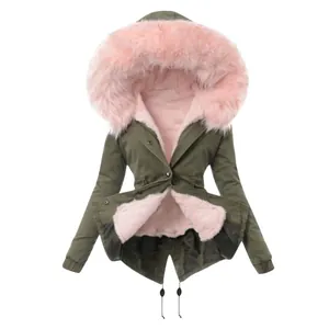 Hooded winter parka jacket featuring a contrast pink faux fur lining and olive green outer shell