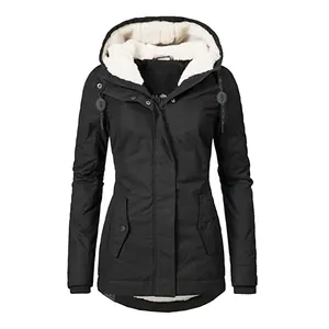 Premium women's black winter parka with thick white fleece lining and hooded design