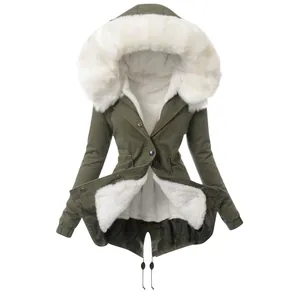 Detailed front view of women's olive green parka jacket featuring white plush faux fur hood