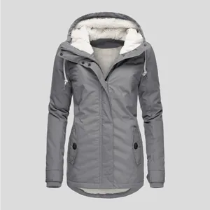 Thickened women's fleece-lined hooded winter parka in grey finish