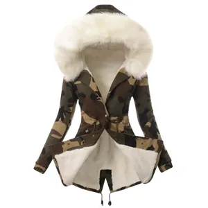 Camouflage winter parka for women with thick white faux fur hood and warm fleece lining.