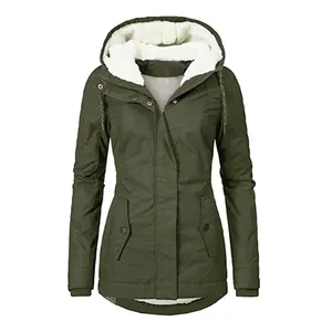 Women's olive green hooded parka coat with thick white fleece lining and flap pockets