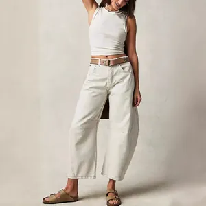 Casual women's wide-leg loose washed denim jeans in off-white for a trendy look