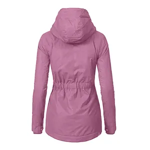 Rear view of pink women's mid-length hooded winter parka jacket with waist detail