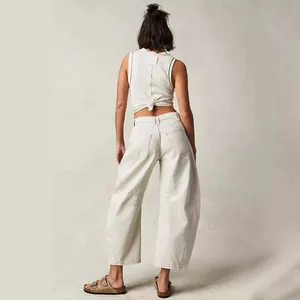 Women's stylish wide-leg loose denim jeans featuring a mid-low waist and washed finish