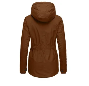 Back view of a brown women's thick hooded parka jacket with drawstring waist detail