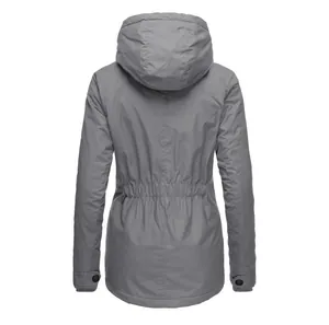 Back view of a grey mid-length women's winter parka with a hood and drawstring waist.