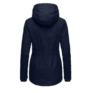 Detailed back view of a navy blue winter hooded parka with an elastic cinched waistline