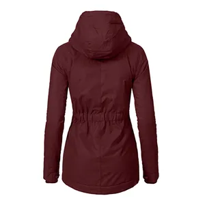Back view of a women's burgundy hooded parka jacket with waist drawstring detail