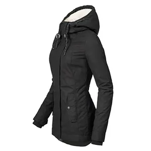 Side view of women's mid-length black hooded parka jacket with fleece lining detail.