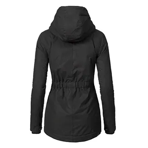 Detailed back view of a women's black thickened hooded parka jacket with waist drawstring