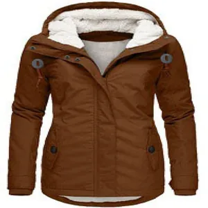 Detail view of brown women's winter parka with warm white fleece lining and hood