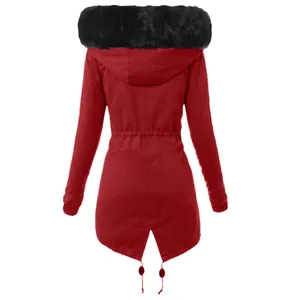 Detailed back view of a red women's winter parka with a black faux fur hood and slim waist