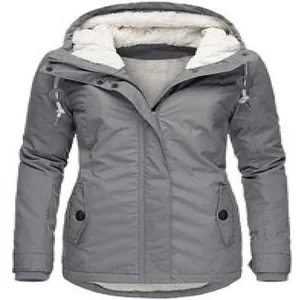 Front view of women's grey hooded winter parka with warm fleece lining inside