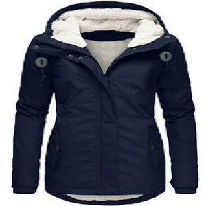 Navy blue women's hooded parka jacket with warm white fleece lining