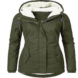 Olive green women's thick fleece-lined hooded parka jacket for cold winter weather