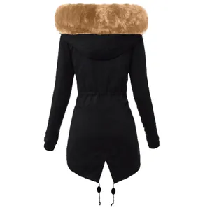 Detailed back view of a black slim-fit winter parka with a tan faux fur hood and fishtail hem