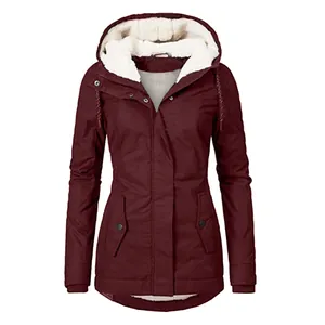 Front view of women's burgundy winter parka jacket with a thick white fleece-lined hood