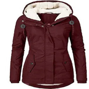 Detailed view of a burgundy women's winter parka with soft white fleece-lined hood.