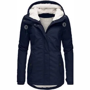 Navy blue women's mid-length winter parka jacket with thick white fleece lining