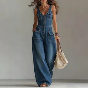 Damen Ärmellos Denim Jumpsuit Gewaschen Polyester Gerade Weites Bein Overall Mit Taschen Vorne Knopf Lässig Streetwear Mode Sommer Jumpsuit