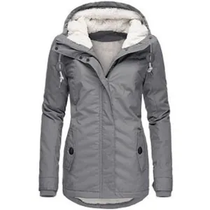 Womens thick fleece lined hooded parka winter jacket with drawstring in dark grey