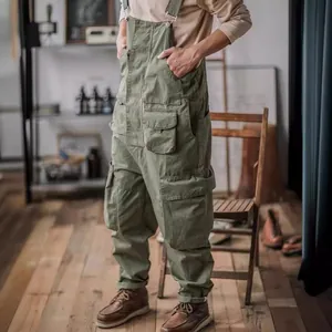 Men Vintage American Workwear Bib Overalls Amekaji Loose Washed Cotton Jumpsuit Multi-Pocket Cargo Pants Retro Denim Dungarees