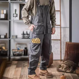 Premium vintage American style loose wash workwear overalls multi-pocket dungarees for men