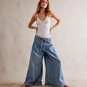 Vaqueros vintage de pierna ancha para mujer con cintura alta plisada y cordones