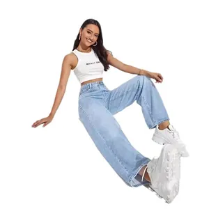 Detail showing the fit of high waisted straight leg light blue denim jeans for women