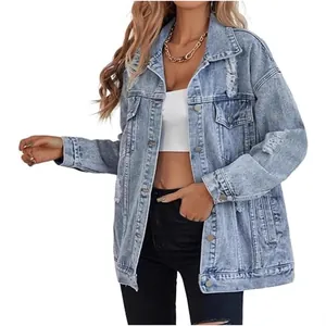 Classic oversized distressed denim jacket for women with a trendy boyfriend style fit