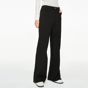 Detailed shot of high-waisted black straight-leg denim trousers for women with stretch