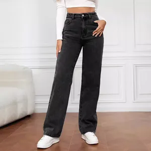Jean en denim noir délavé à taille haute et coupe droite pour femme style moderne
