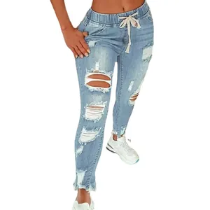 Vue détaillée du jean déchiré à taille haute pour femme avec cordon de serrage