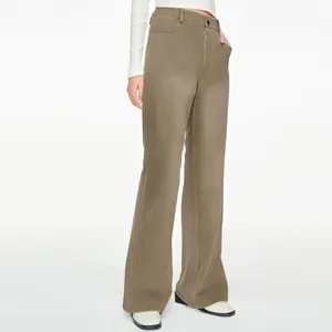Full-length view of women's high-waisted straight leg casual trousers in taupe color.