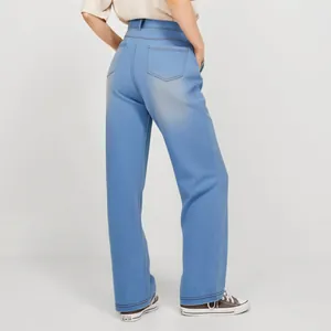High-waisted light blue straight-leg jeans with back pocket details and contrast stitching.