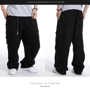 Men's plus size black wide-leg cargo pants with multi-pocket hip hop design