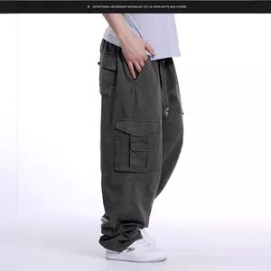 Men's plus size wide leg cargo pants with loose hip hop style and multi-pocket design