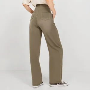 Detail view of khaki high-waisted straight leg stretch denim trousers for women