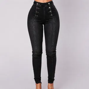 Schwarze Skinny-Jeans mit hoher Taille und zweireihiger Knopfleiste für Damen.