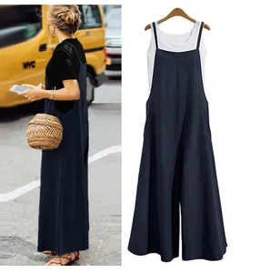 Lifestyle and product view of loose cotton overalls for women's summer casual wear
