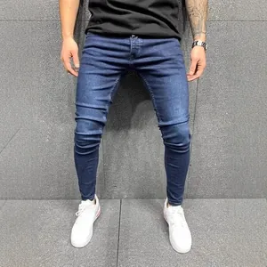 Men's premium high-stretch skinny denim jeans in dark blue wash, casual slim fit street style.
