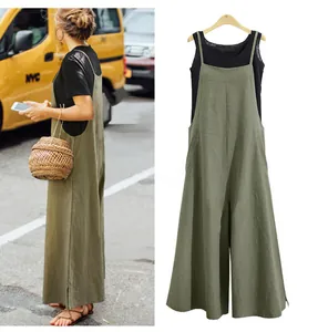 Detailed comparison of olive green wide-leg sleeveless jumpsuit on model and hanger