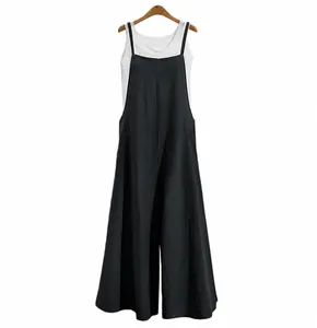Women's casual cotton loose wide leg jumpsuit with white tank top for layered look